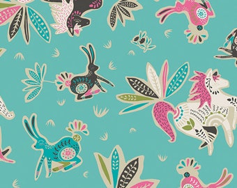 Tallinn from Art Gallery Fabrics - Half Yard Zirkusbau Candy - Folk Rabbits and Horses on Aqua