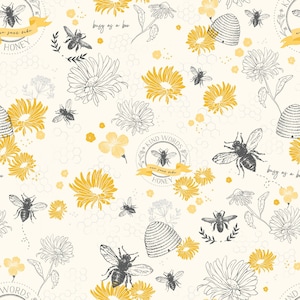 Sale - Honey Bee from Riley Blake Designs - 1/2 Yard Honey Bee Main Parchment - Bees and Flowers on Cream