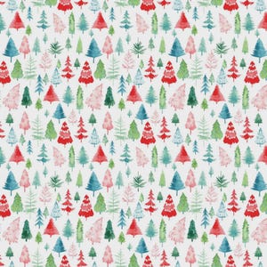 May include: A repeating pattern of watercolor Christmas trees in various shades of red, green, blue, and pink on a white background. The trees vary in shape and size, creating a festive and whimsical design.