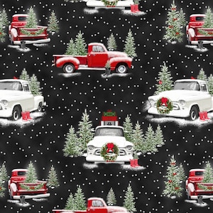 Tradition Continues 2 from Henry Glass Fabrics - 1/2 Yard of White and Red Trucks on Black