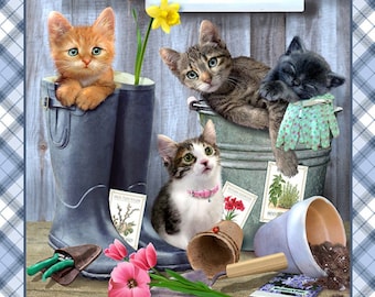 Kittens in the Garden from Henry Glass Fabrics - 24" x 44" Panel Kittens, Seed Packets, Gardening