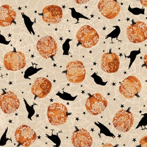 Spooky Night von Studio E - 1/2 Yard Ecru Kürbisse und Krähen - Halloween