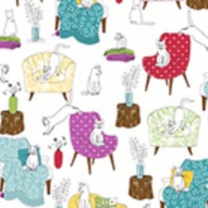 May include: A white background with a repeating pattern of cats sitting in various coloured armchairs. The cats are white with black eyes and noses. The armchairs are in shades of purple, red, green, and yellow. There are also vases with flowers and small tables with brown tops.