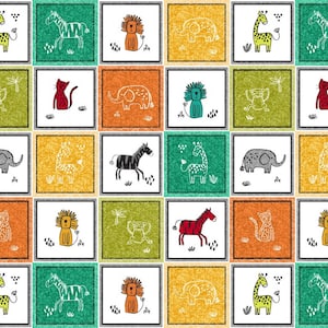 May include: A colourful pattern of animals in squares. The animals include a giraffe, zebra, lion, elephant, cat, and horse. The squares are in shades of green, yellow, orange, and white.
