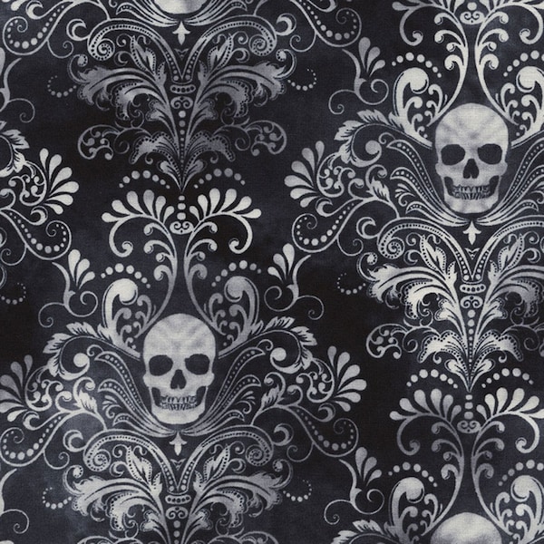 Wicked Fog from Timeless Treasures - Half Yard Black Skull Damask - Halloween Skulls, Gothic