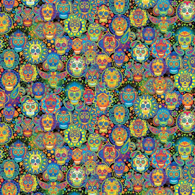 May include: A vibrant, repeating pattern featuring colorful sugar skulls, flowers, and paisley designs on a black background. The skulls are decorated with intricate details in shades of blue, orange, yellow, and green.