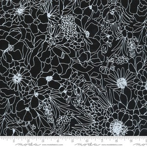 Illustrations from Moda Fabrics - 1/2 Yard White Sketched Flowers on Black - Modern Black White Floral