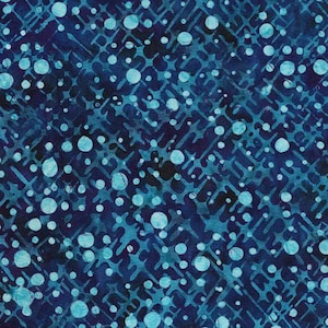 May include: A fabric with a batik design featuring a dark blue background with a network of turquoise lines and scattered turquoise circles. The pattern has a textured appearance, creating a visually interesting surface.