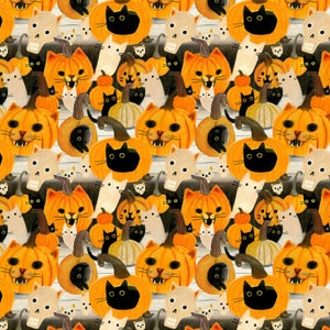 Meowloween from Dear Stella - 1/2 Yard Cat Halloween - Cat Pumpkins, Skulls, Ghosts and Black cats