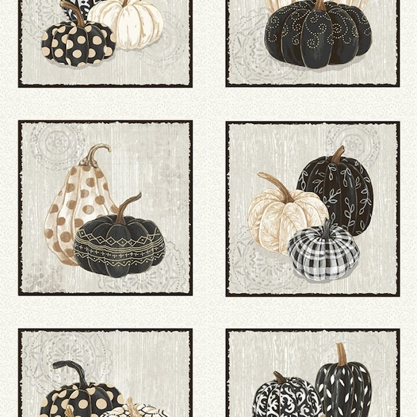 Fall Potpourri from Henry Glass & Co - 24" x 44" Fall Panel Black and Cream Pumpkins, Fall Leaves with Gold Metallic