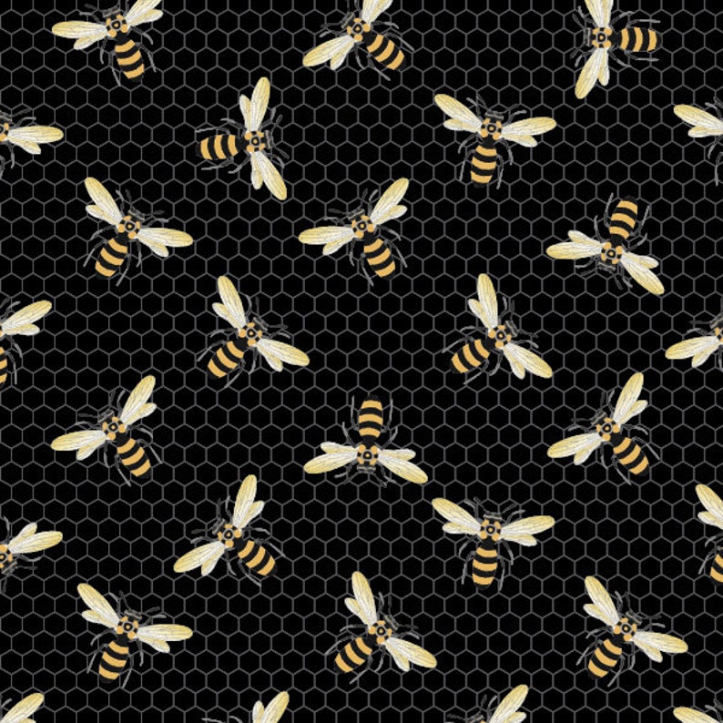 Half Yard Honeybees on Black Honeycomb Queen Bee from Devonstone