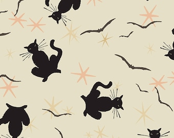 Sale - Retro Halloween from Clothworks - 1/2 Yard Tossed Black Cats on Cream