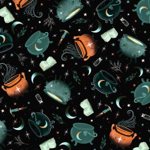 Könnte beinhalten: Ein sich wiederholendes Muster auf schwarzem Hintergrund mit teal- und orangefarbenen Kesseln, Halbmonden, Sternen, Zaubertränken und offenen Büchern. Die Kessel haben ein Halbmond-Design und geben Dampf ab. Das Gesamtthema ist mystisch und magisch.