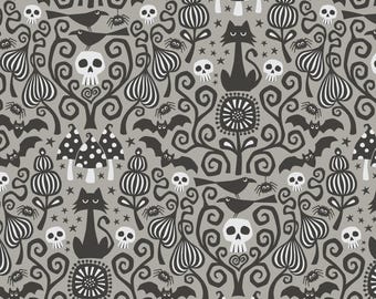 The Black Cat from Gothic Whimsy for Cloud9 Fabrics - 1/2 Yard Black and White Halloween on Grey