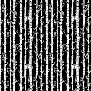 Sale - Moonlit Forest from Michael Miller Fabrics - Half Yard Birch Trees and Forrest Critters on Black