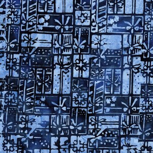 May include: A fabric textile featuring a repeating pattern of rectangular gift boxes tied with bows. The design uses a dark navy blue and light blue color palette with a batik-style mottled texture throughout the entire surface of the material.