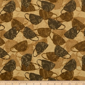 Sale - Morning Coffee From Wilmington Prints - Half Yard Brown Coffee Cups on Tan