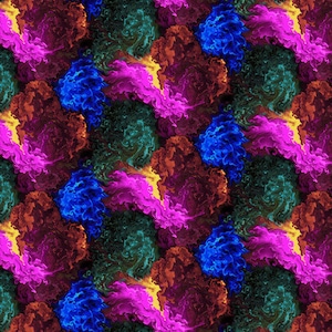 Puede incluir: Un vibrante patrón abstracto con formas arremolinadas en tonos de azul, morado, verde, naranja y amarillo. El diseño tiene una apariencia fluida, similar al humo, creando un efecto visual dinámico y colorido. Patrón repetitivo adecuado.