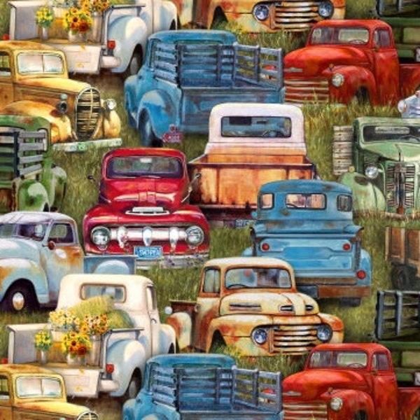 Vintage Trucks from Elizabeth's Studio - 1/2 Yard of Packed Old Trucks Red, Blue, Green, Yellow
