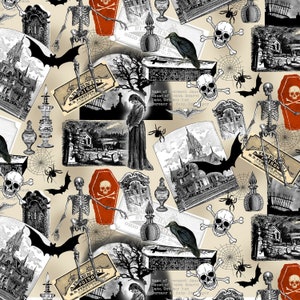 Sale 25% Off - Nevermore from Timeless Treasures - 1/2 Yard Multi Halloween Spooky Collage - Bats, Skeletons, Ravens, Gravestones
