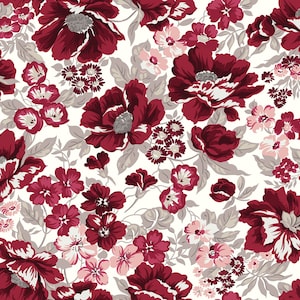 Sincero de Riley Blake - Flores de color rojo oscuro y rosa de 1/2 yarda, hojas de color topo sobre crema