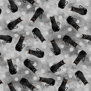 Sale - Frightful Night from Wilmington Prints - 1/2 Yard Black Cats on Gray - Halloween