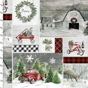 Verkauf - Dreaming of a Farmhouse Christmas aus 3 Wishes Fabrics - 1/2 Yard Multi Farmhaus Patch - Rote Laster, Scheunen, Kränze