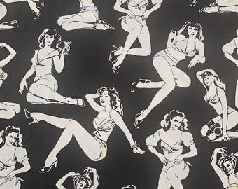 Dziewczyny Pin Up z That's Hollywood dla Kanvas Studio - 1/2 jarda - Czarno-białe, vintage'owe pozy pin-up