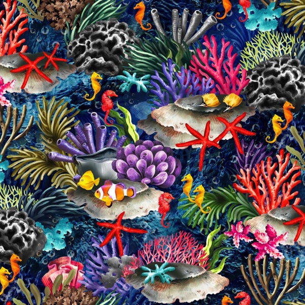 The Reef from Oasis Fabrics - 1/2 Yard Coral Reef, Sea Horses, Coral on Dark Blue