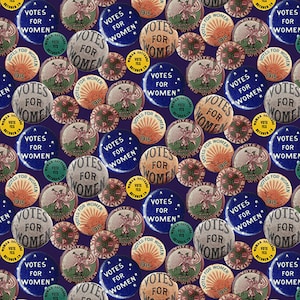 May include: A pattern of vintage-style buttons with text reading "VOTES FOR WOMEN." The buttons are in various colors, including blue, gray, orange, and green, with illustrations of a woman and a rising sun. The background is a dark purple.