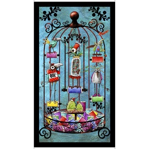 Steampunk Stitchery Panel from Quilting Treasures - 24&quot; Panel Sewing Sisters and Spools in Bird Cage