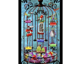 Steampunk Stitchery Panel from Quilting Treasures - 24" Panel Sewing Sisters and Spools in Bird Cage