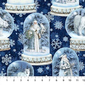 May include: A repeating pattern of snow globes on a dark blue background with white snowflakes. The snow globes feature Santa Claus, polar bears, and wolves. The snow globes are set on a decorative base. The fabric is measured in inches.