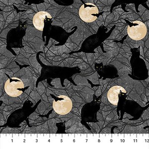 Black Cat Capers from Northcott Fabrics - 1/2 yard Black Cats, Webs, Full Moons, Trees on Gray - Halloween