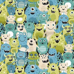 Sale - Outer Space from Andover Fabrics - 1/2 Yard Blue and Green Space Aliens Monsters