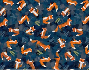 Wild North from Windham Fabrics - 1/2 Yard Wild Foxes - Whimsical Foxes on Dark Blue/Black