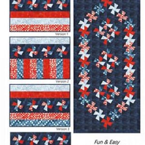 May include: A quilting pattern for a placemat or runner featuring a red, white, and blue color scheme with a "Twister Sisters Strip & Twist" title and the text "Fun & Easy 2-1/2" Strip or FQ Friendly Placemats & Runner using Mini Twister Tool".