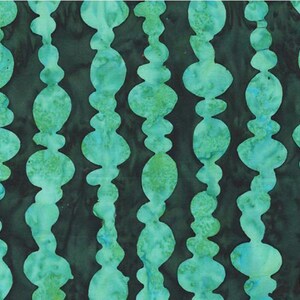 May include: A fabric pattern featuring vertical lines of turquoise and green organic shapes against a dark teal background. The shapes have a watercolor effect, creating a textured, artistic design. This textile is suitable for various craft projects.
