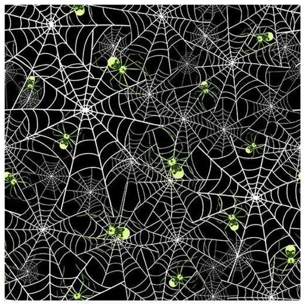 Hocus Pocus Halloween from Blank Quilting - 1/2 Yard Spider Webs on Black - Glow-in-the-Dark Green Spiders