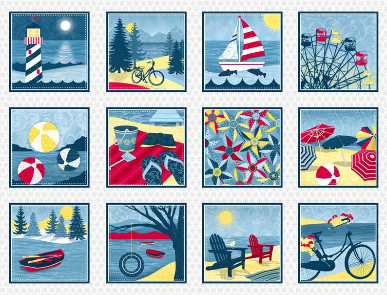 Weekend Retreat From Henry Glass Fabrics 1 Panel Of 16 Beachsummer Bikes Beachballs Sailboats Canoes Quilt Fabric