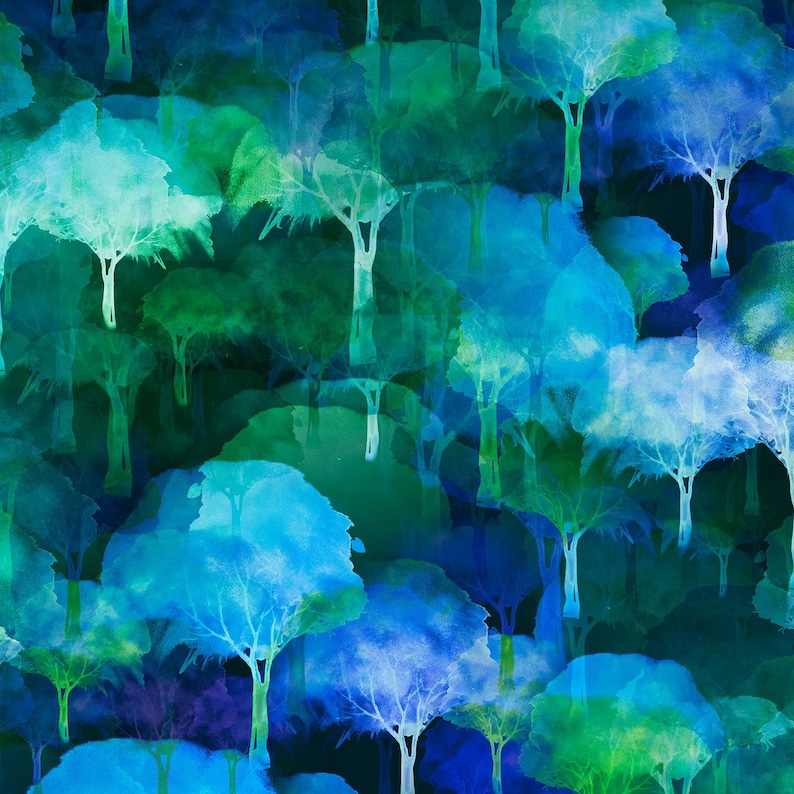 May include: Watercolor painting of a forest scene with overlapping trees in shades of blue and green. The trees have white trunks and leafy canopies, creating a layered effect. The background is a dark blue, enhancing the vibrant colors.
