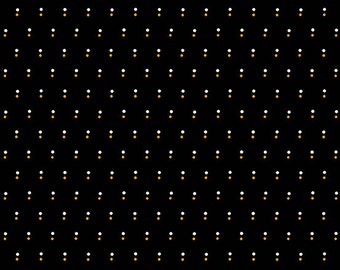 May include: A black background with a repeating pattern of small white and gold dots.