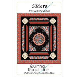 May include: A panel quilt pattern titled "Sliders" with a floral design. The quilt features a central black medallion with a floral pattern, surrounded by red, black, and floral borders. The pattern includes the text "Quilting Renditions".