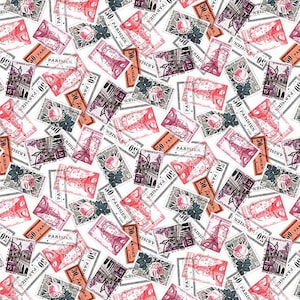 Venta - Venta - La Parisienne de Michael Miller Fabrics - Half Yard Letters from Afar - Sellos postales en blanco