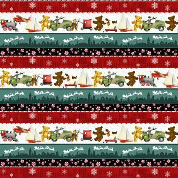 Jolly Old Soul from Henry Glass Fabrics - Half Yard Christmas Stripe with Toys, Santa and Sled, HoHoHo