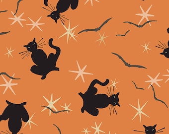 Sale 25% Off - Retro Halloween from Clothworks - 1/2 Yard Black Cats on Orange