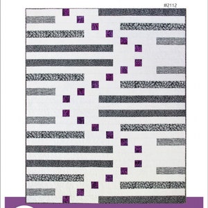 May include: A modern quilt design titled "Side Step" with a white background, featuring horizontal gray and black patterned stripes, and purple square accents. The lap quilt measures 66" x 81".