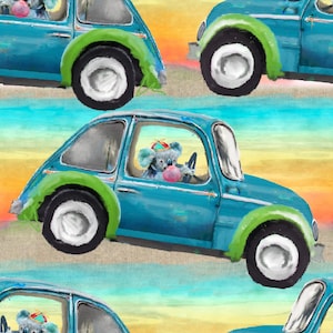 May include: A blue car with green accents and a koala wearing a hat driving the car. The car is on a colorful background with a yellow, orange, and blue gradient.
