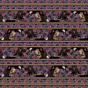 May include: A seamless pattern featuring a skull and crossbones surrounded by roses, butterflies, and spiderwebs. The pattern is set against a black background with gold and burgundy accents.