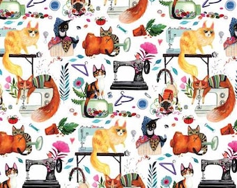Sew Mischievous from Dear Stella - Half Yard Cats with Sewing Machines on White